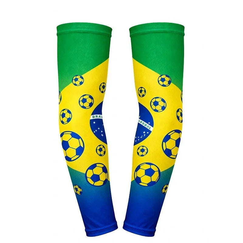 Green and yellow arm sleeves featuring soccer balls and the flag of Brazil