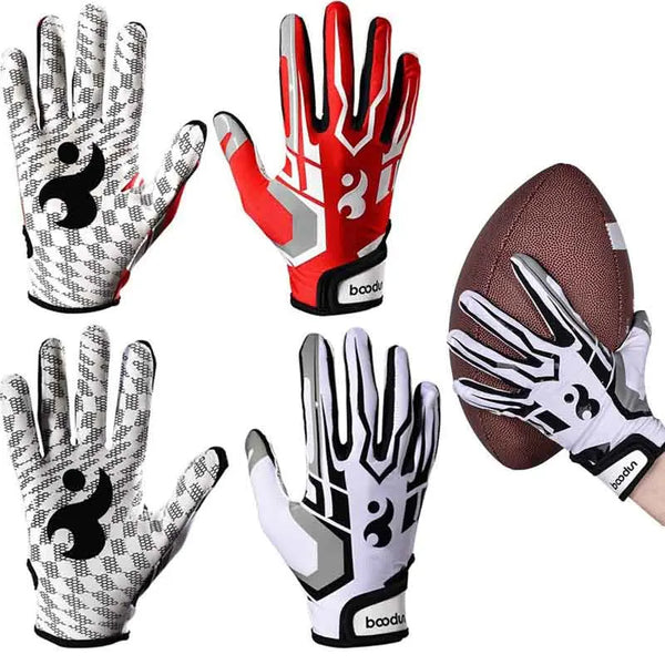 A collection of five rugby style anti-slip sport gloves in various colors and designs.