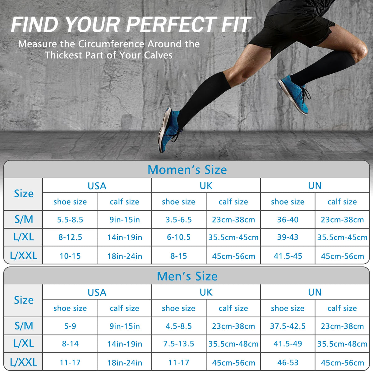A table showing sizing conversions for women's and men's compression socks across USA, UK, and UN standards.