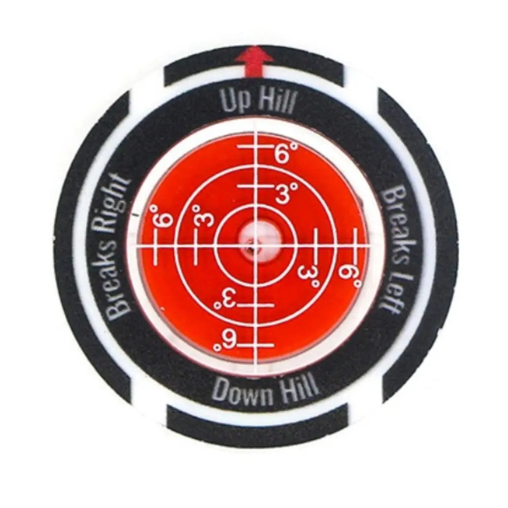 A precision golf ball marker and slope meter with a circular scale showing up hill and down hill directions.