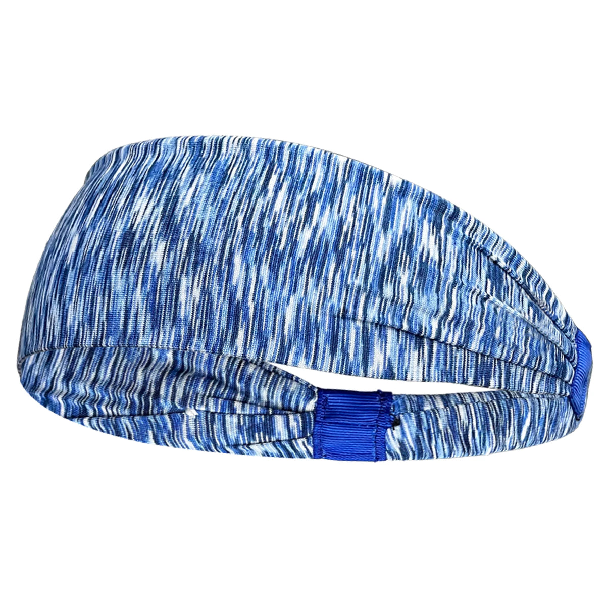 Un bandeau élastique de sport multicolore à rayures bleues et blanches.