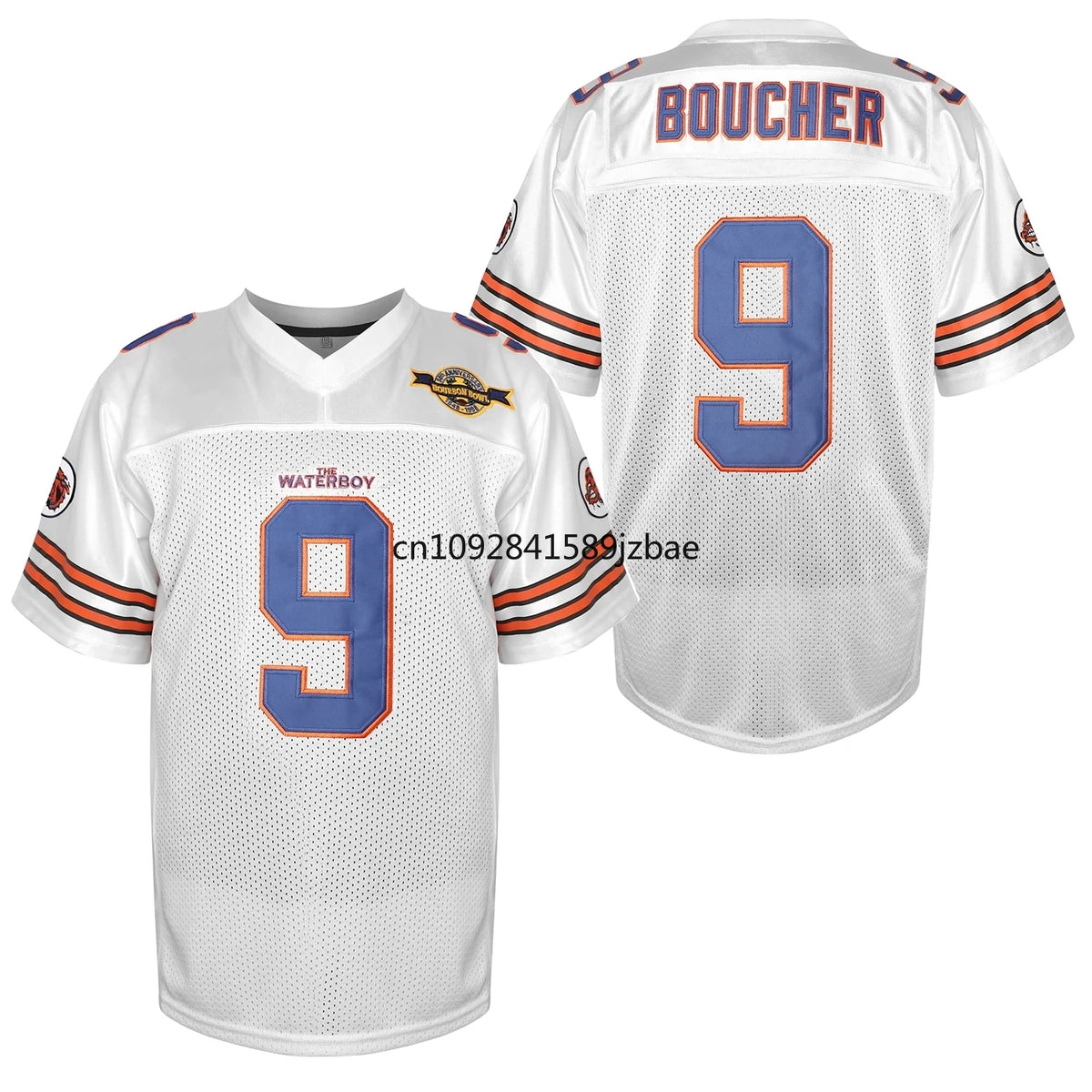 Weißes Fußballtrikot mit blauer Nummer 9 und rotem Rand, featuring Boucher-Name und Waterboy-Logo