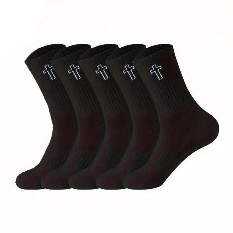 A row of black men's high-cut breathable casual crew socks with white crosses on the toe.