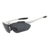 A pair of black polarized sunglasses with white frames and a flexible strap.