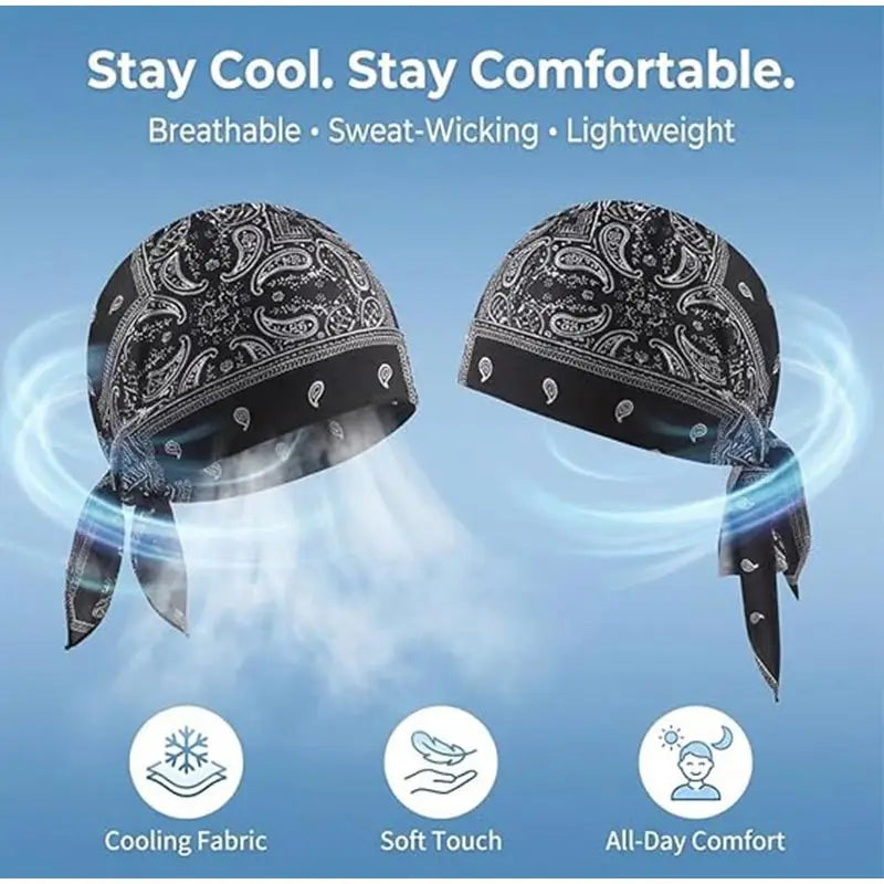 A set of black paisley cooling headscarf caps demonstrating breathable, sweat-wicking fabric for all-day comfort.