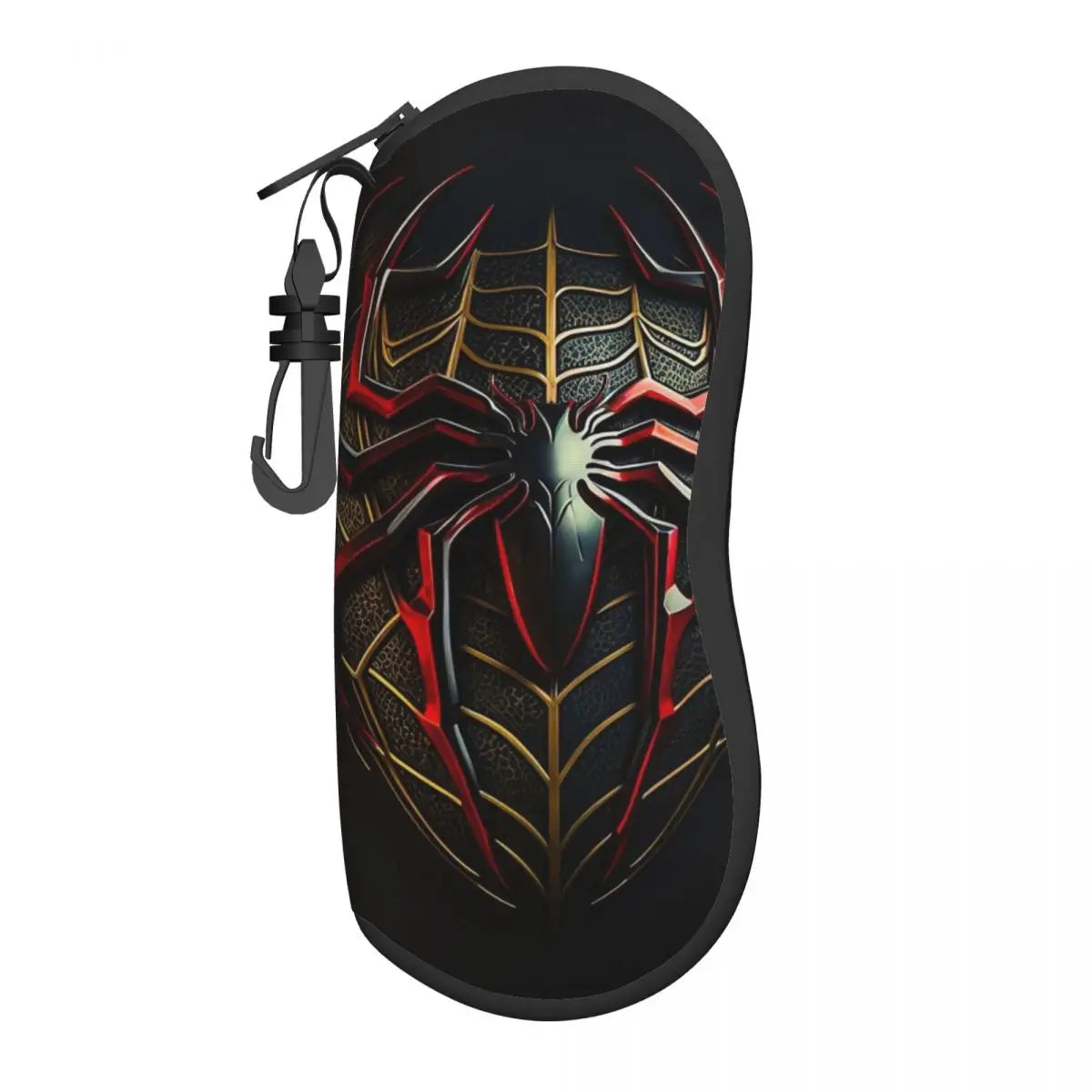 A black pouch featuring a detailed red and gold spider web design, designed to hold eyeglasses.
