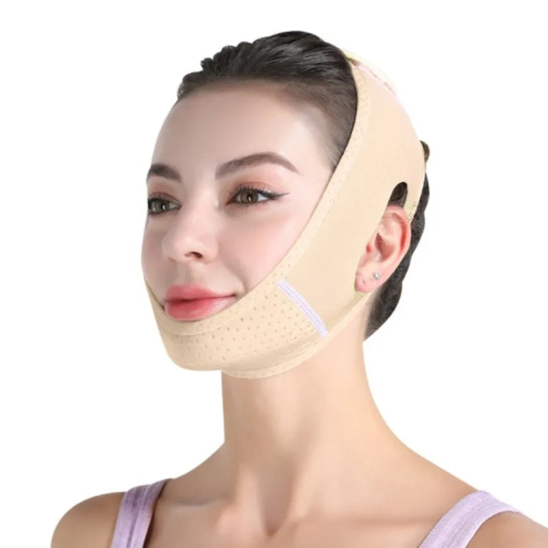 A woman wearing a beige face slimming lifting strap designed for double chin treatment.