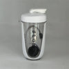 A white 600ml blender shaker bottle with a clear body and a white lid is shown against a gray background.