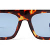 Vintage oversized square sunglasses with a tortoiseshell pattern frame and light blue lenses.