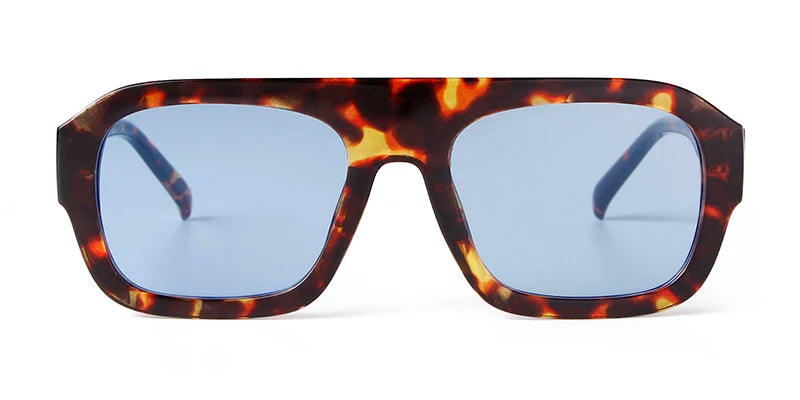 Vintage oversized square sunglasses with a tortoiseshell pattern frame and light blue lenses.