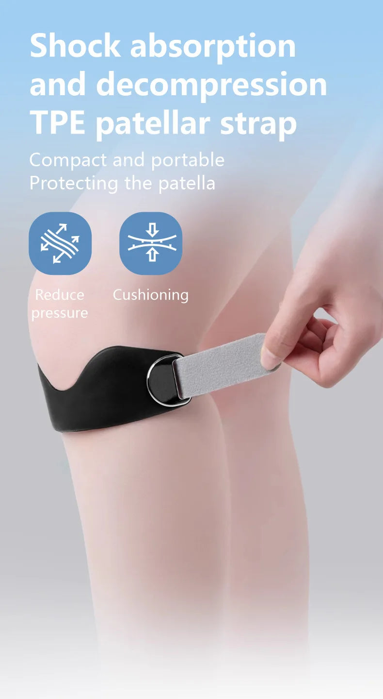 A hand is applying a black TPE patellar strap to a person's knee for shock absorption and decompression.