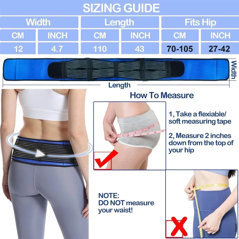 Sizing guide and instructions for a blue sacroiliac joint support belt measuring hips.