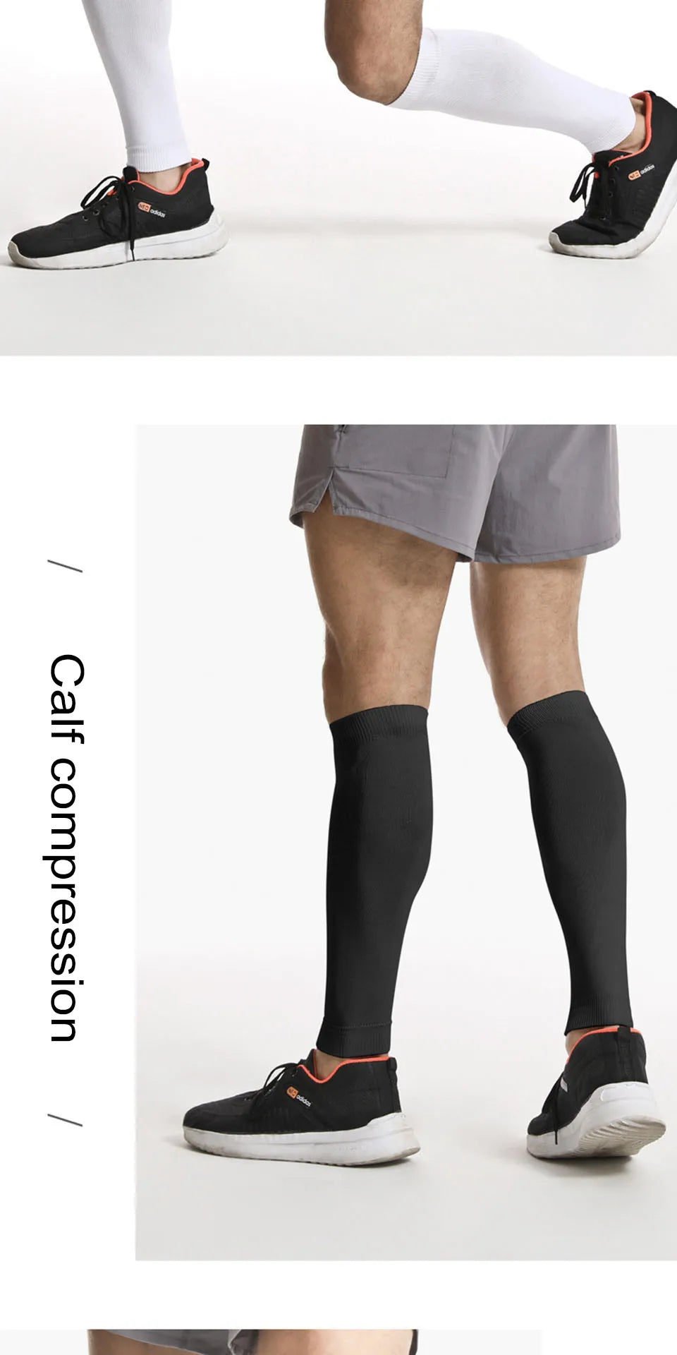 Black calf compression leg sleeves worn by a person, shown in a full-length view.