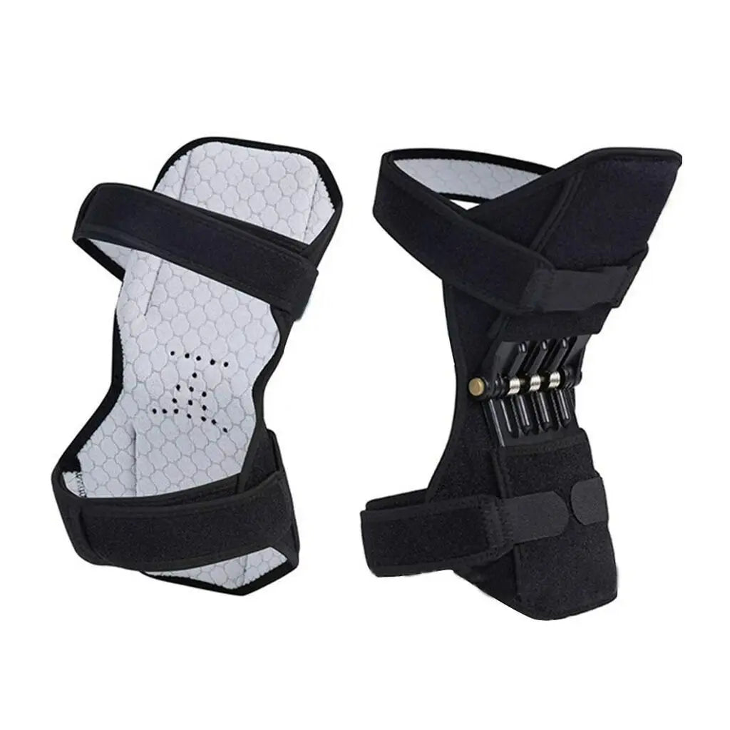 Black ergonomic knee protection booster pads with white padding and adjustable straps