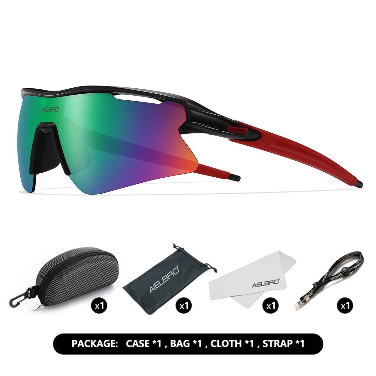 A pair of green-tinted sports sunglasses with black and red frames shown next to their packaging components.