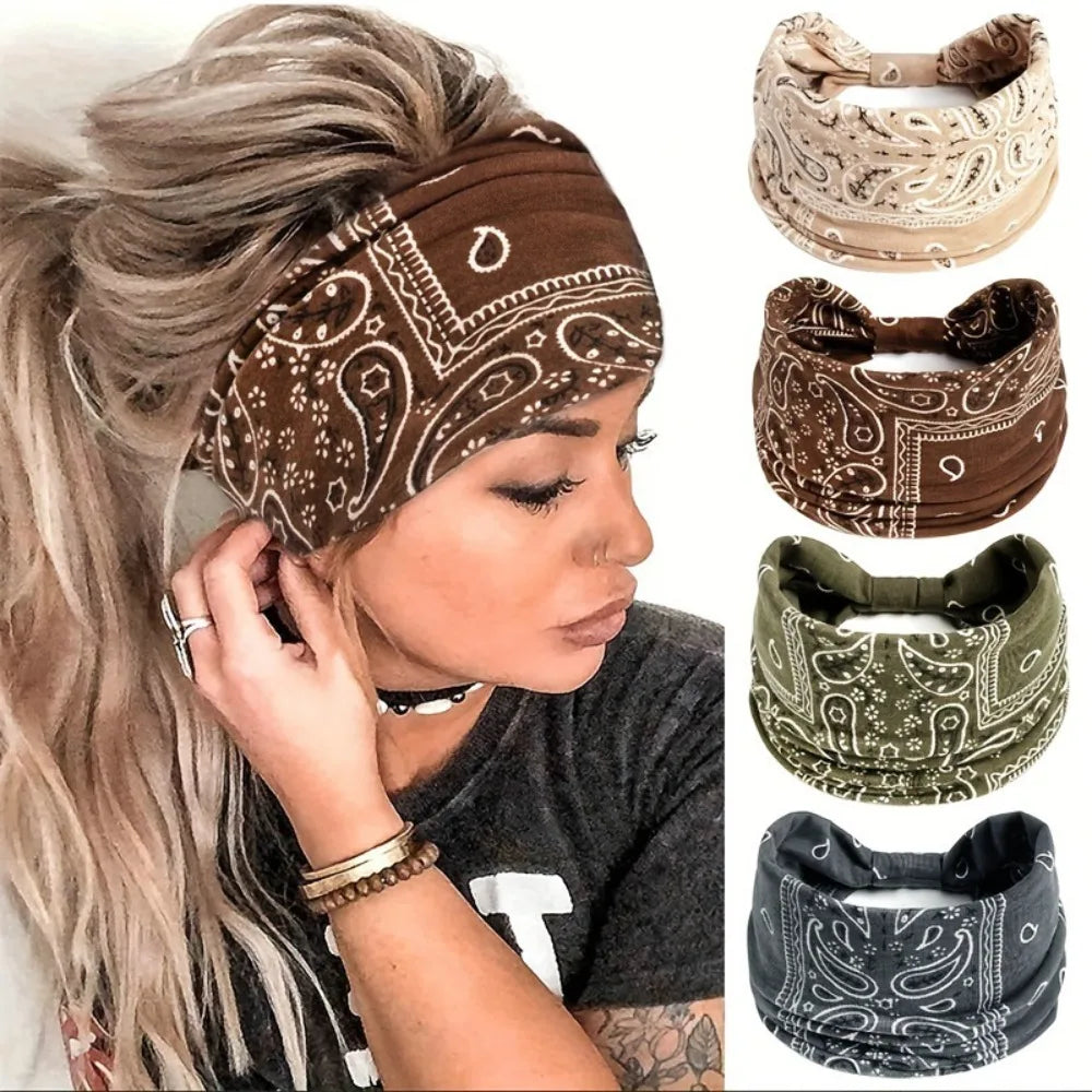 A woman models a brown leopard print boho headband worn on her hair, with several variations shown.