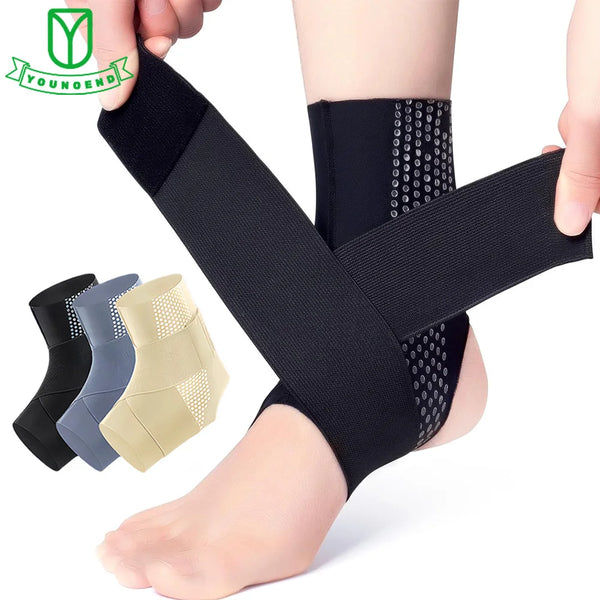 A hand is adjusting a black compression ankle support sleeve on a person's foot and ankle.