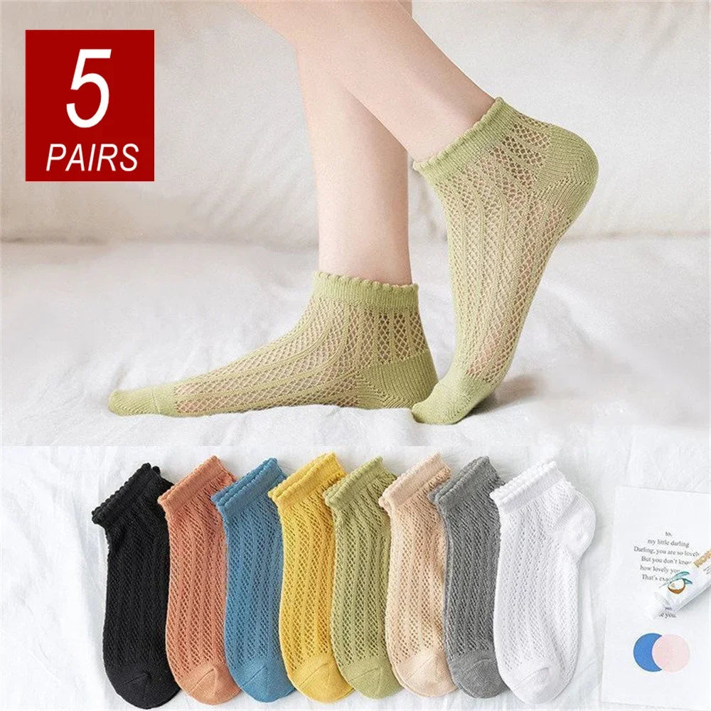 Five pairs of breathable mesh lace tube socks in various pastel and neutral shades displayed on a white surface.