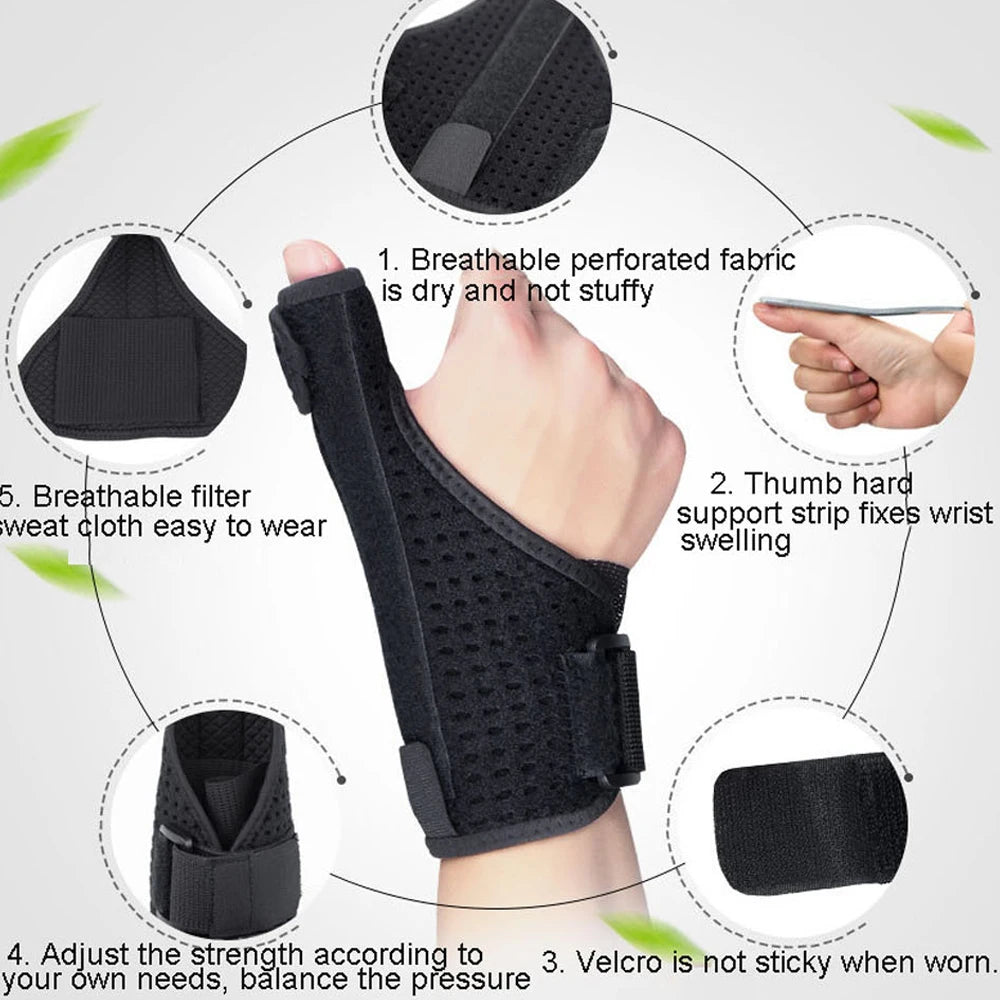 A black adjustable wrist and thumb support brace shown with various components and usage instructions.