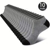 Ten pairs of gray and black comfort fit ankle socks displayed in a row.
