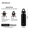Black Revomax 355ml double-wall insulated stainless steel thermos shown with open and close mechanisms