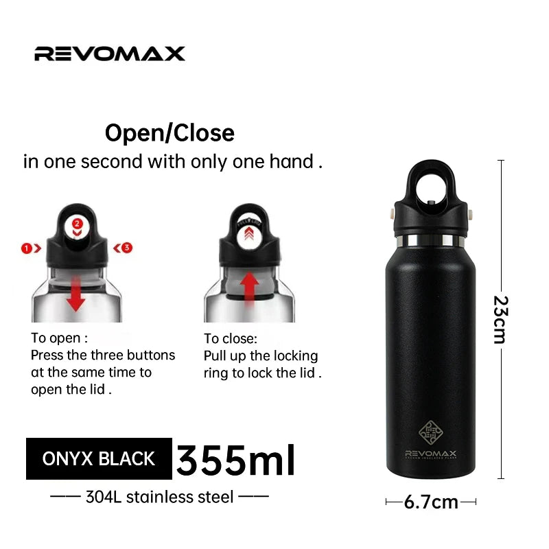 Black Revomax 355ml double-wall insulated stainless steel thermos shown with open and close mechanisms