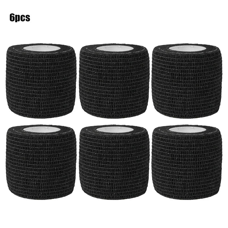 Six packs of black elastic adhesive bandages shown in a row.