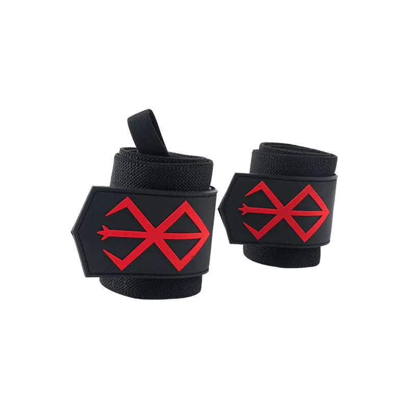 Black heavy-duty weightlifting wrist straps with red crossed diamond designs
