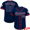 A navy blue personalized men's baseball jersey with a team name and number on the back and front.