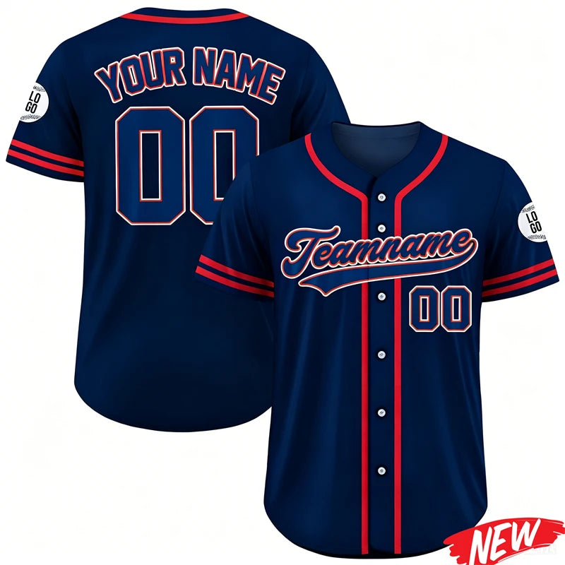 A navy blue personalized men's baseball jersey with a team name and number on the back and front.
