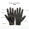 A pair of dark olive green full finger mittens with black leopard print accents, showing various features like joint protecti