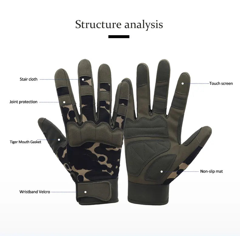 A pair of dark olive green full finger mittens with black leopard print accents, showing various features like joint protecti