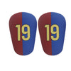 Pair of mini football shin guards featuring red and blue colors with the number 19 on each.