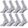 A set of white athletic grip socks shown from the side, highlighting the textured sole.