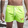 Lime green quick-drying men's swim shorts worn by a person standing near the water.