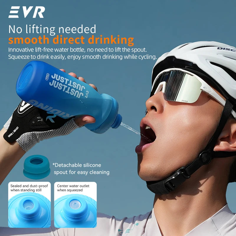 A man is drinking from an EVR smooth direct drinking water bottle while cycling.