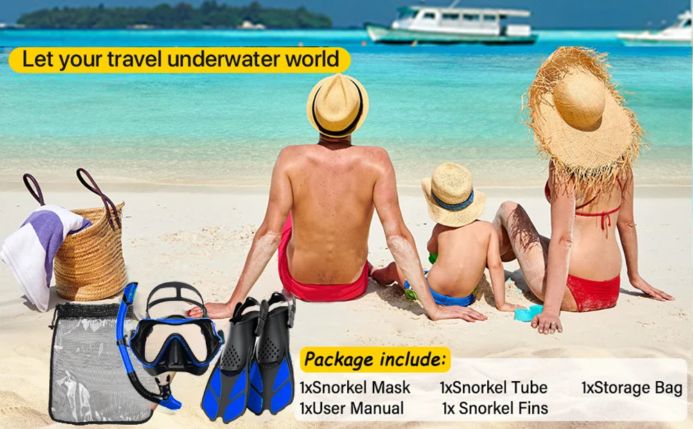 Premium 3-in-1 Snorkeling Set with Panoramic Mask, Dry Snorkel, and Adjustable Fins