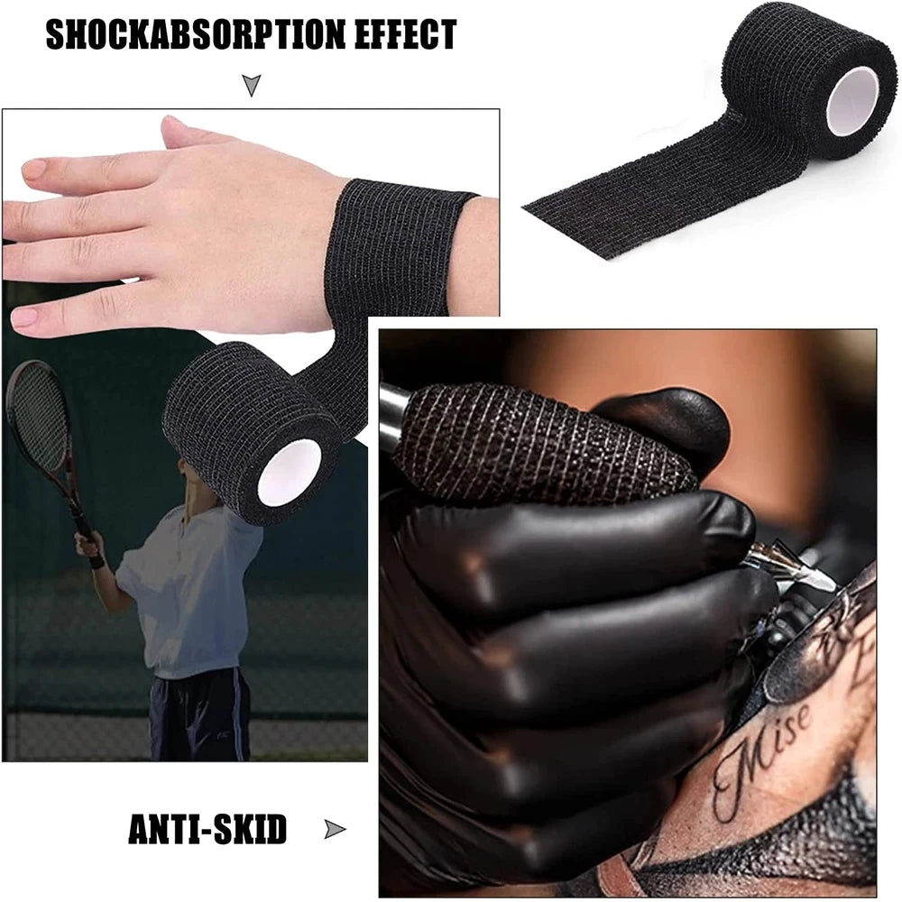 Black self-adhesive tattoo grip tape used for shock absorption and anti-skid grip.