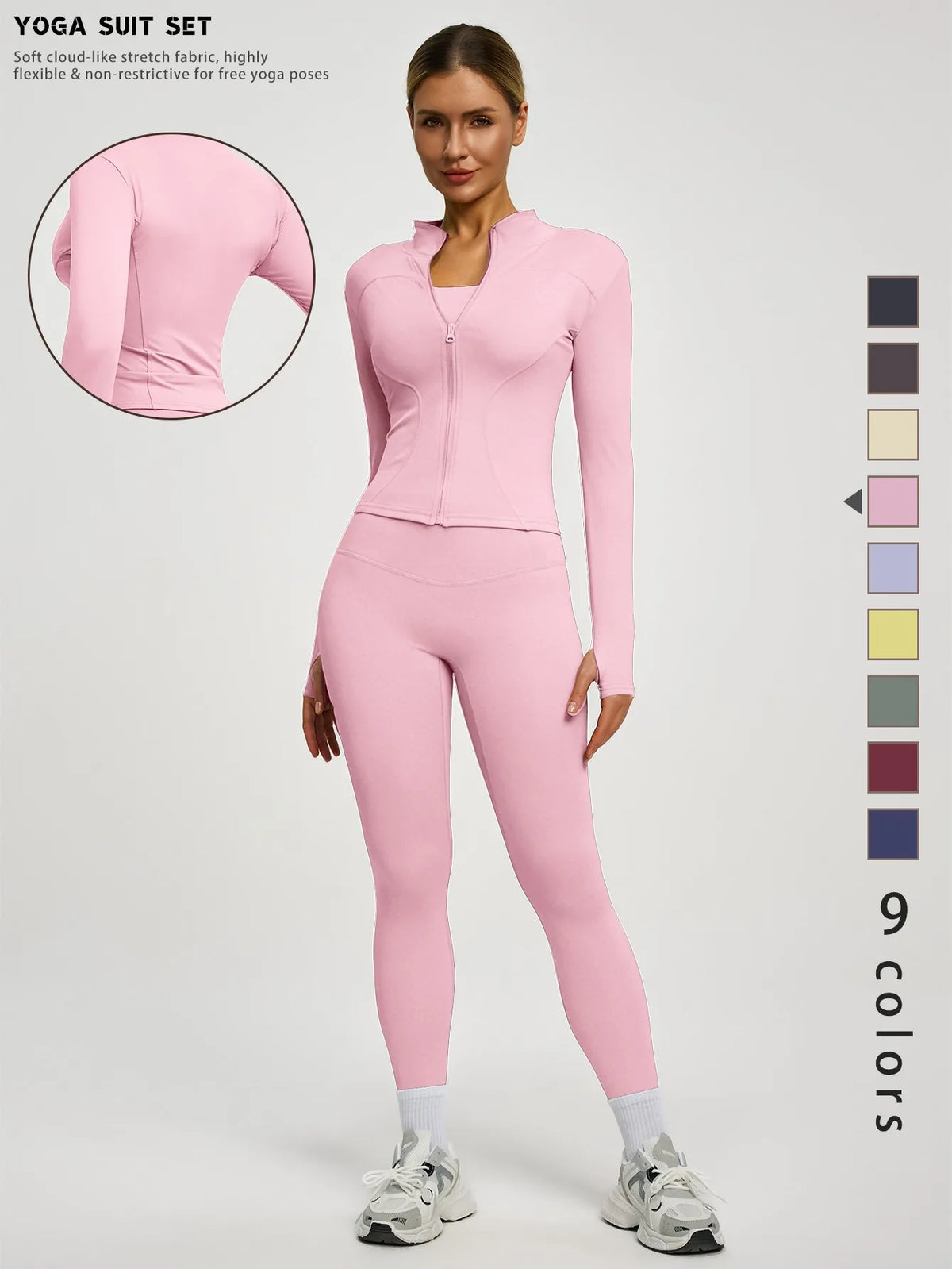 Model trägt ein pinkes Damen-Yoga-Sportset mit langärmeligem Oberteil und Leggings.