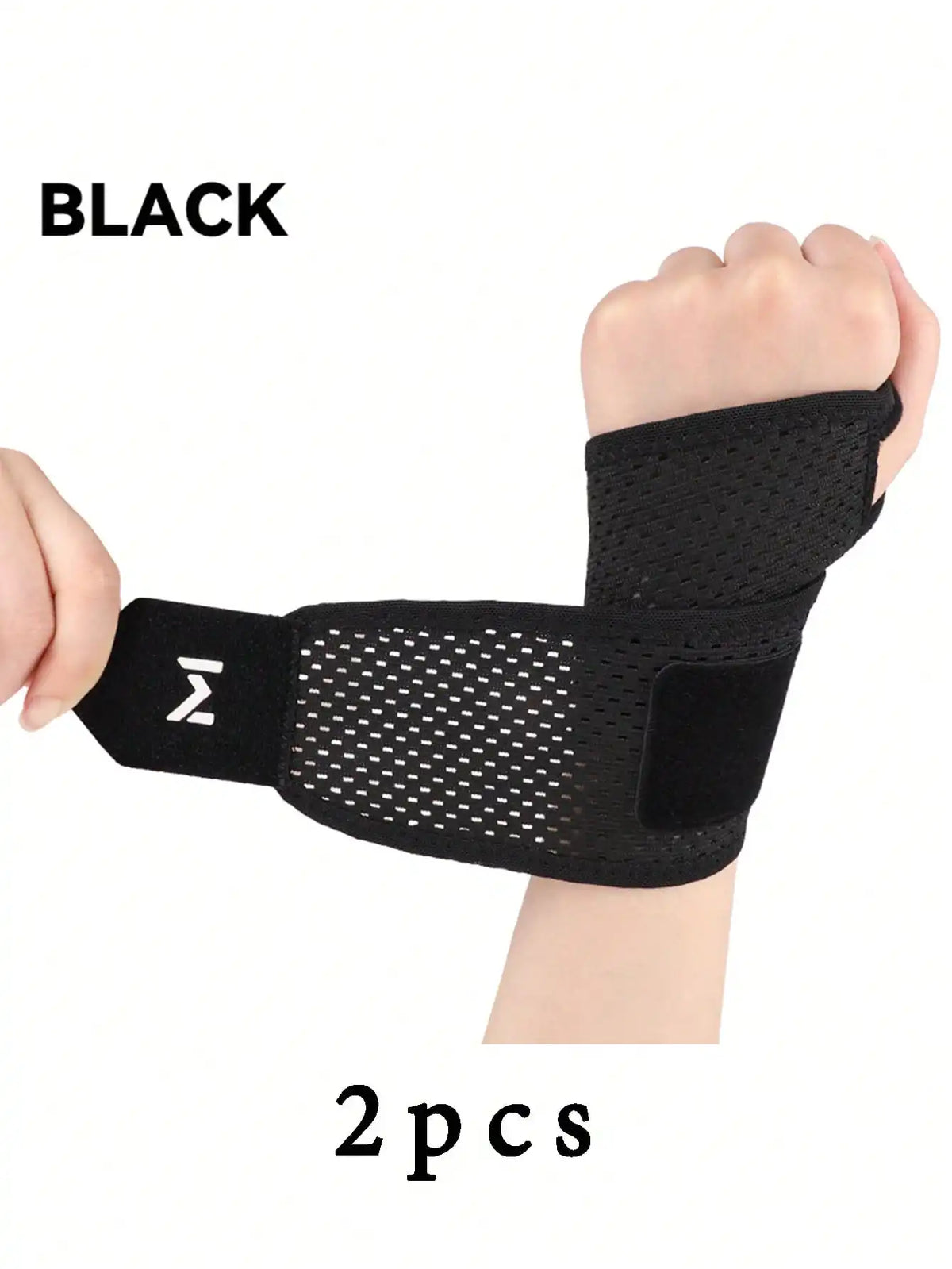 Black adjustable wrist support brace for fitness shown on a hand and wrist.