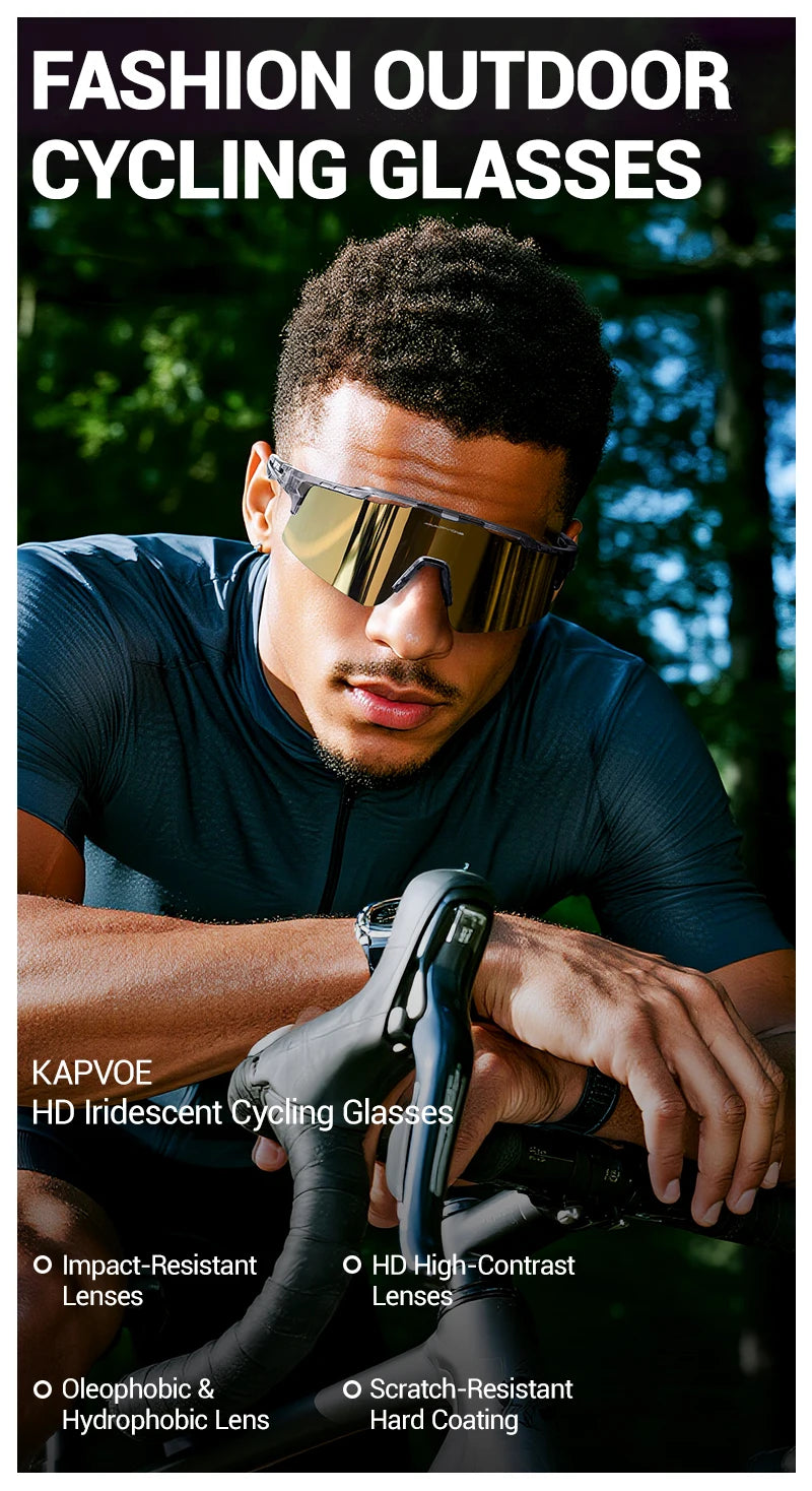 A man wearing KAPVOE HD Iridescent Cycling Glasses while cycling outdoors.