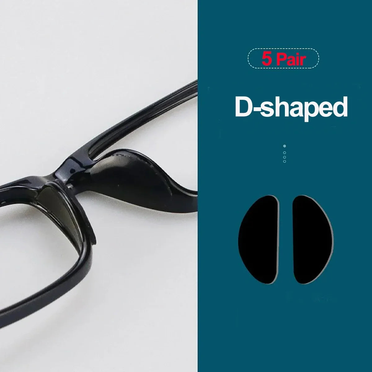 A pair of black D-shaped silicone anti-slip eyeglass nose pads shown next to product details.