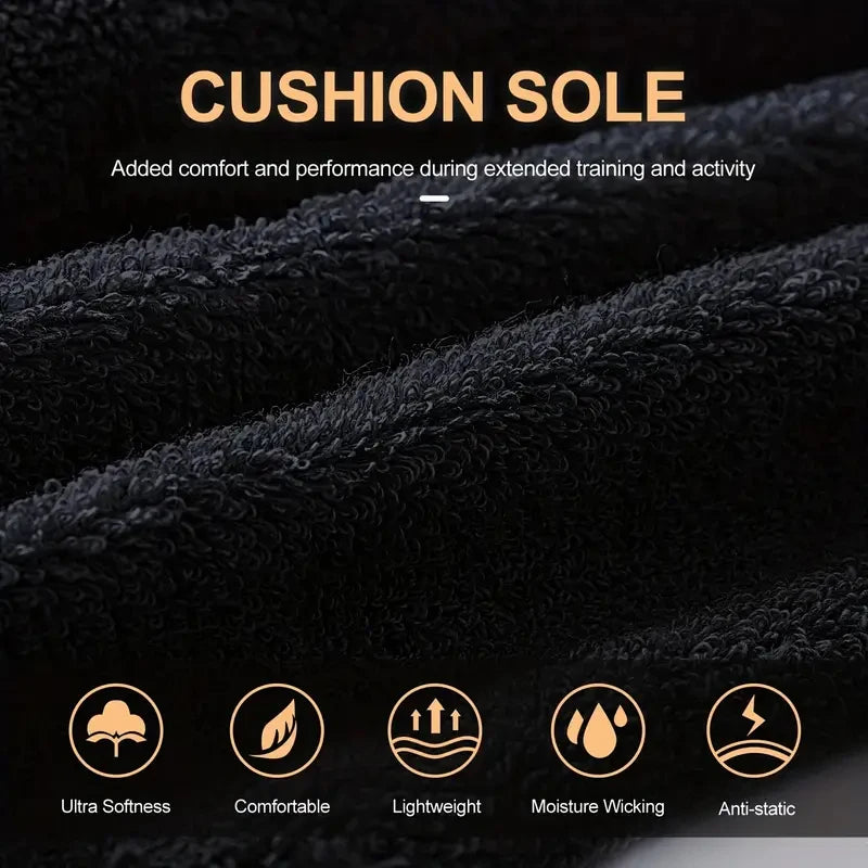 Close-up of black sports socks showing features like ultra softness, comfort, lightweight design, moisture wicking, and anti-