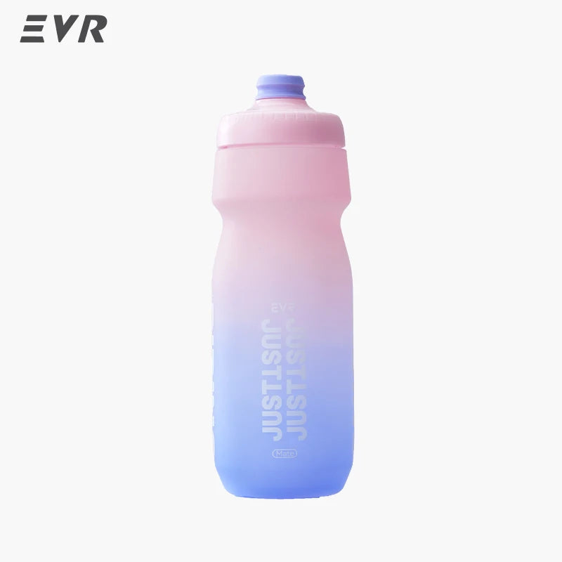 A pink and blue squeezable cycling water bottle against a white background.