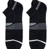 A pair of black crew socks with white stripes and a white band at the heel.
