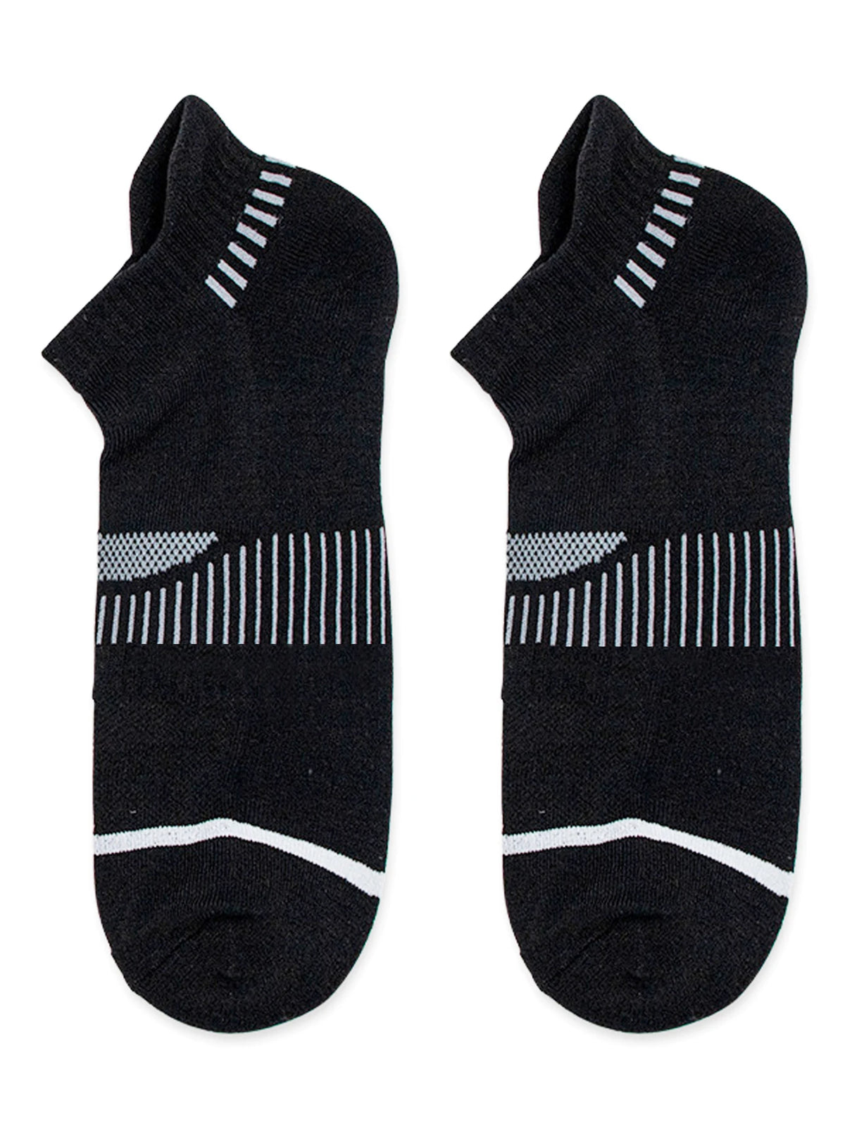A pair of black crew socks with white stripes and a white band at the heel.