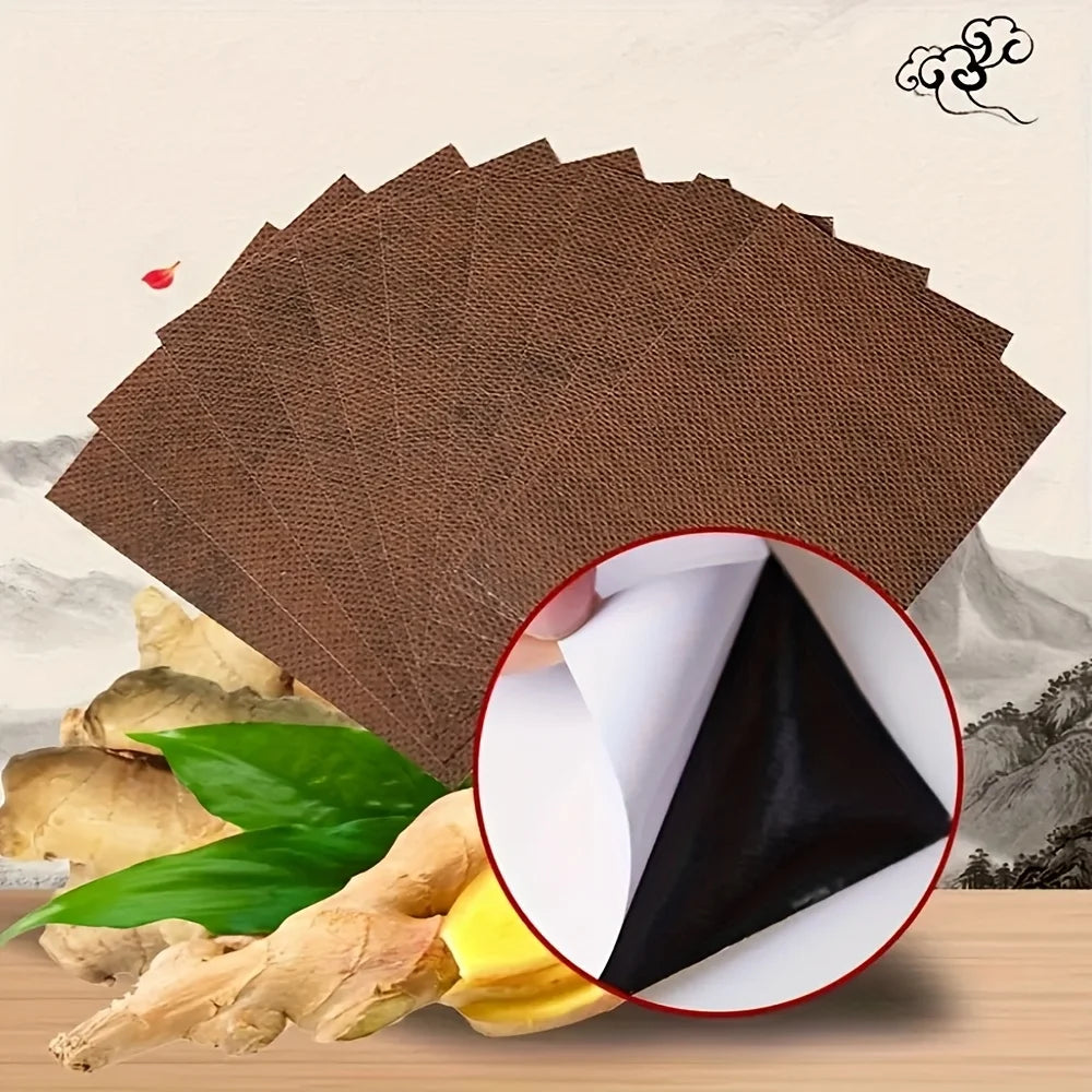 A brown heating patch is shown next to ginger root and lemon slices for pain relief.