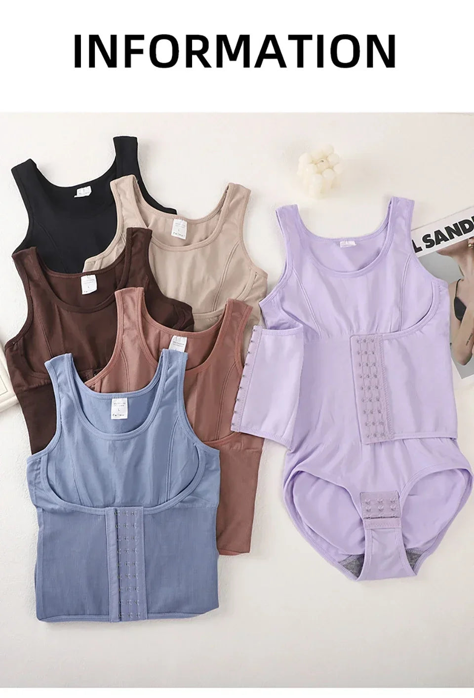 A collection of various colored, fitted bodysuits and tops displayed on a white surface.