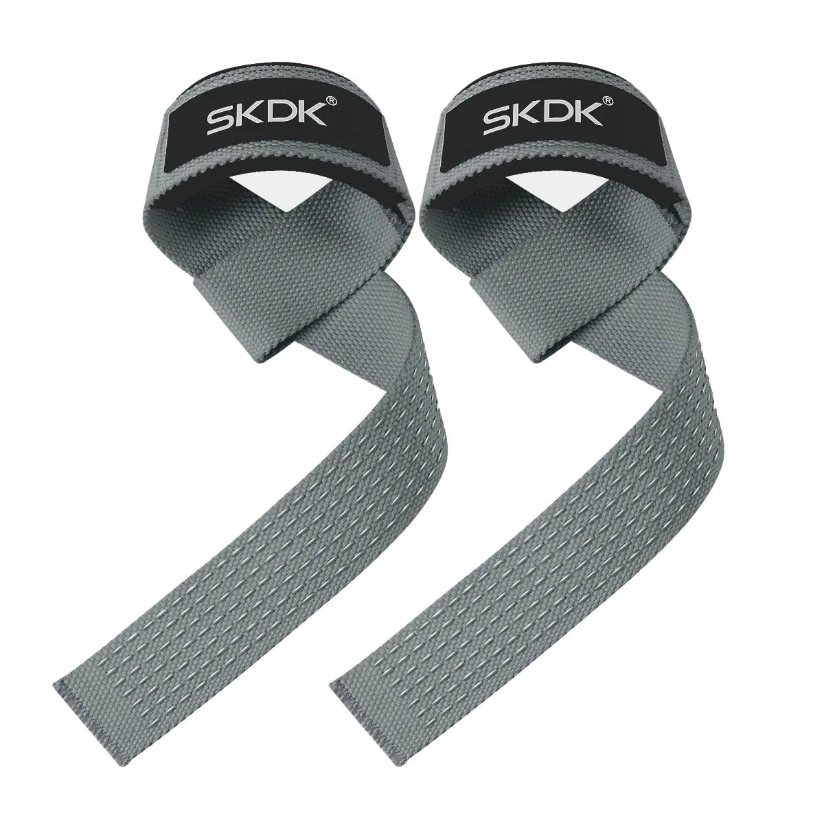 A pair of gray heavy-duty weightlifting wrist straps with SKDK branding.