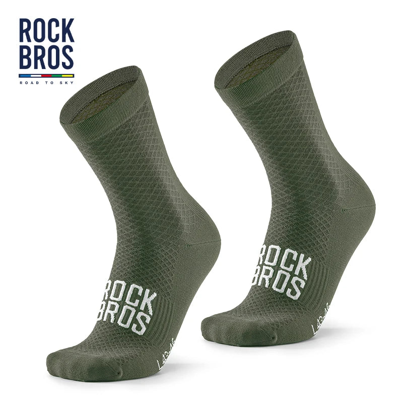 A pair of olive green Rock Bros cycling and mountain biking socks shown from the side.